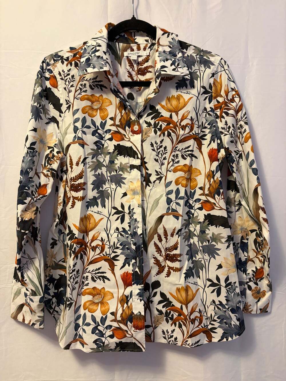 Chico's No-Iron Autumn Print Top White Yellow Collared Long Sleeve Sz 8/M